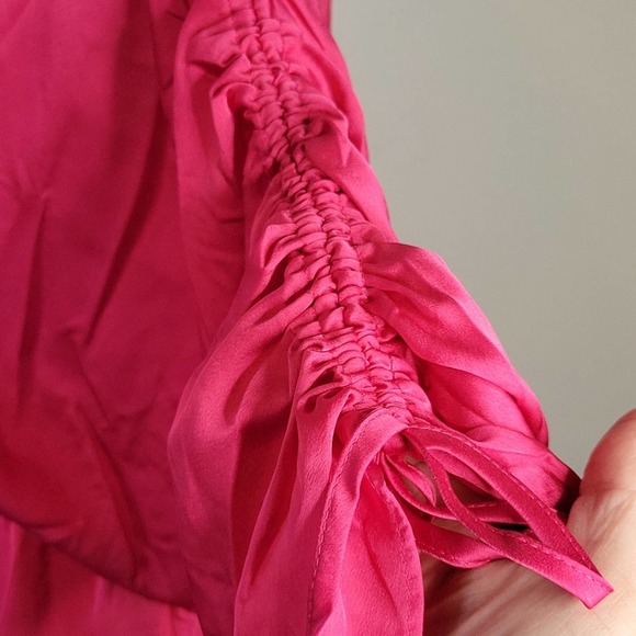 NWOT JOIE Satin Faux Wrap Ruched Dolman Sleeve peplum Blouse Pink Sz L, M - Picture 5 of 8